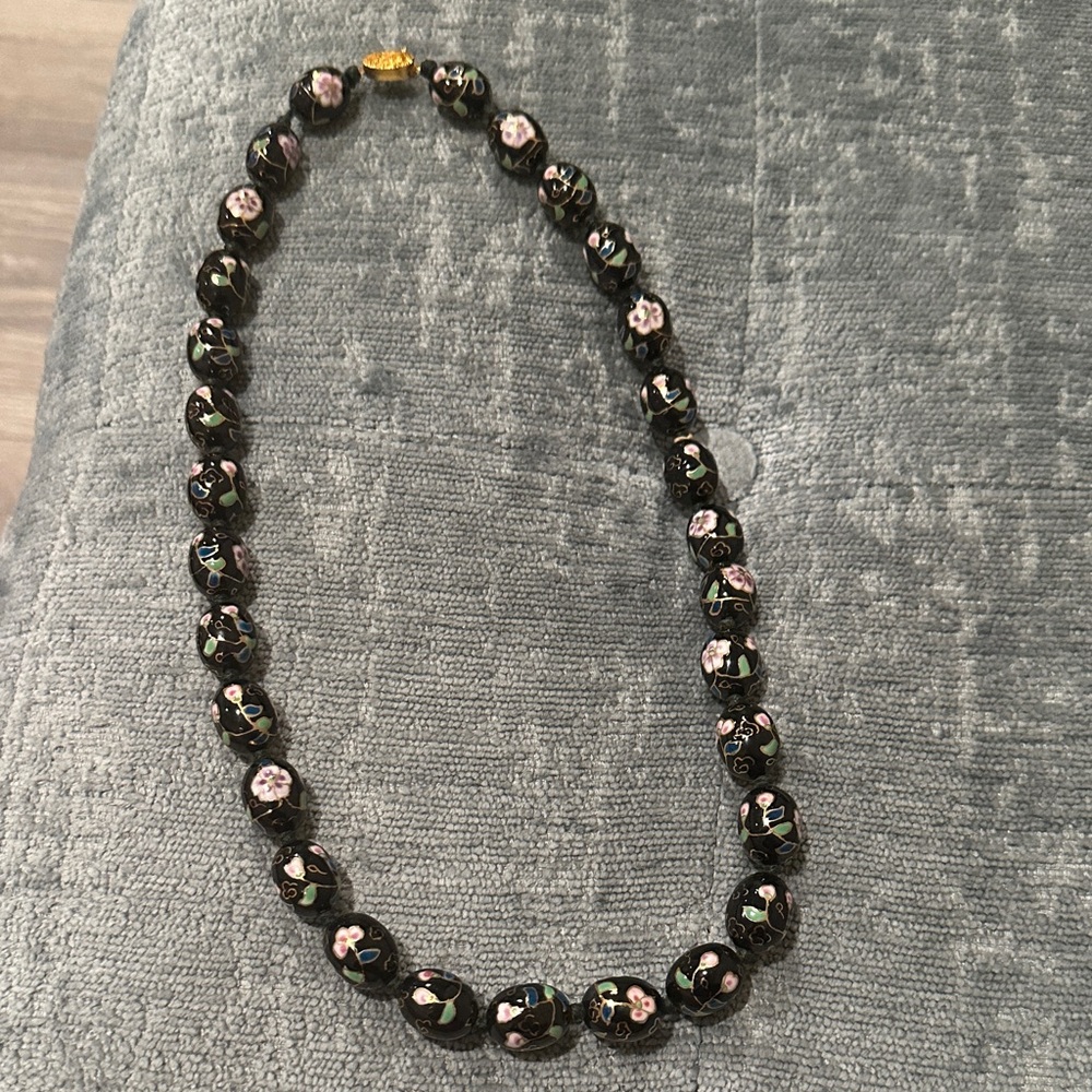 Vintage Large Black Cloisonné Bead Necklace